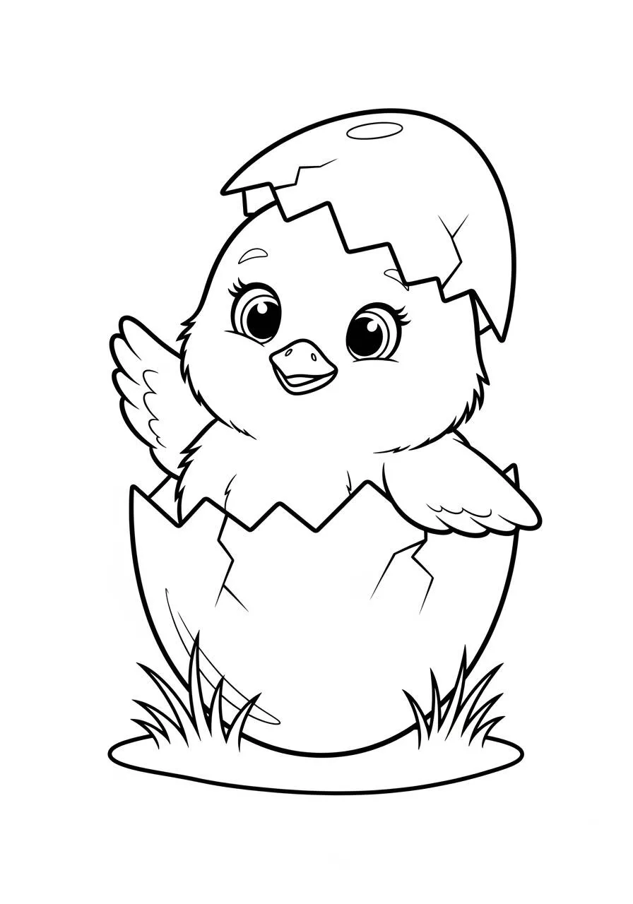 Desenho de Pintinho Fofo Saindo do Ovo para Colorir