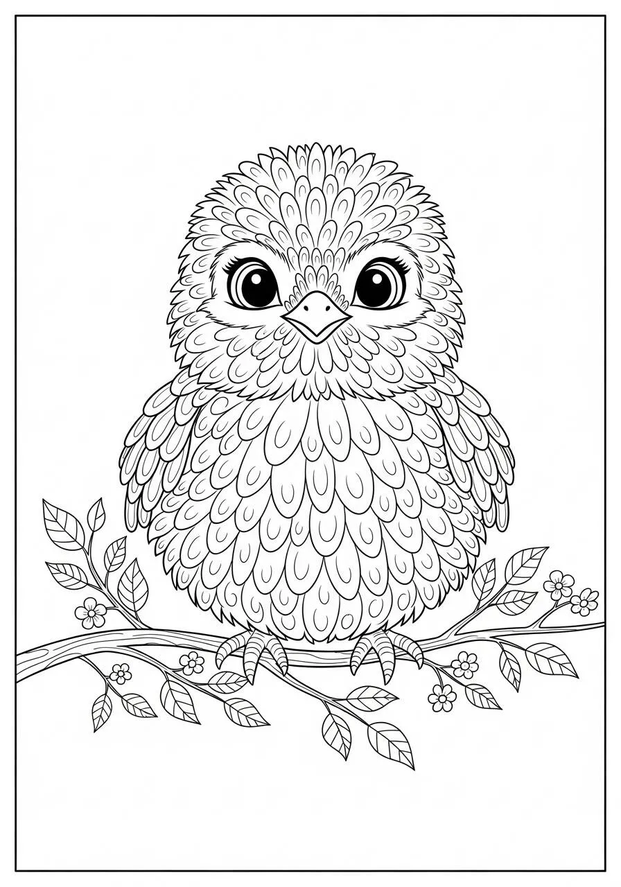 Desenho de Pintinho Fofo em uma Ramo para Colorir