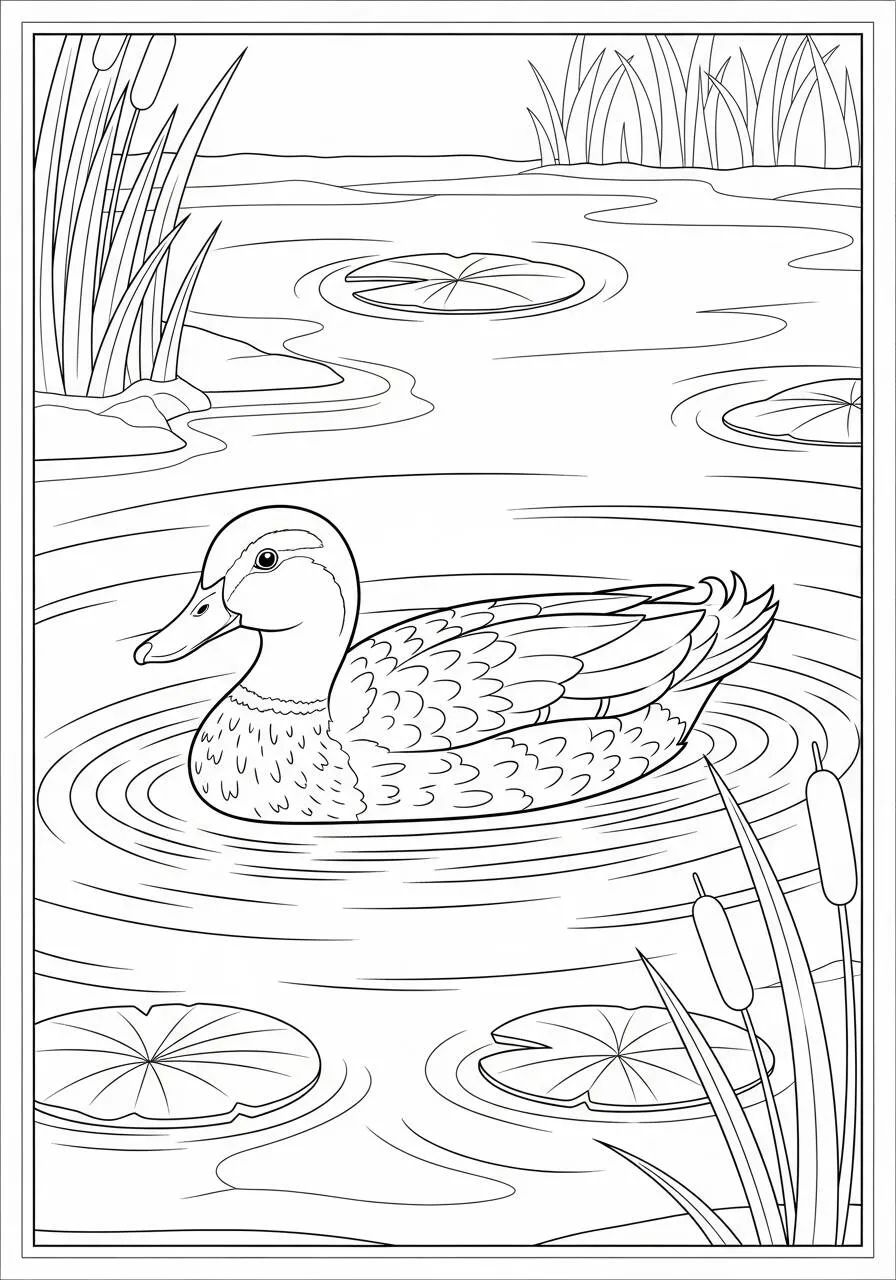 Desenho de Pato a Nadar em um Lago Tranquilo para Colorir