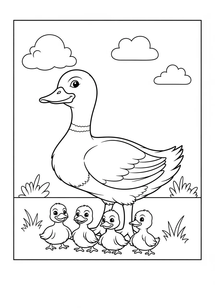 Desenho de Pato com Patinhos Bebês em um Dia Ensolarado para Colorir