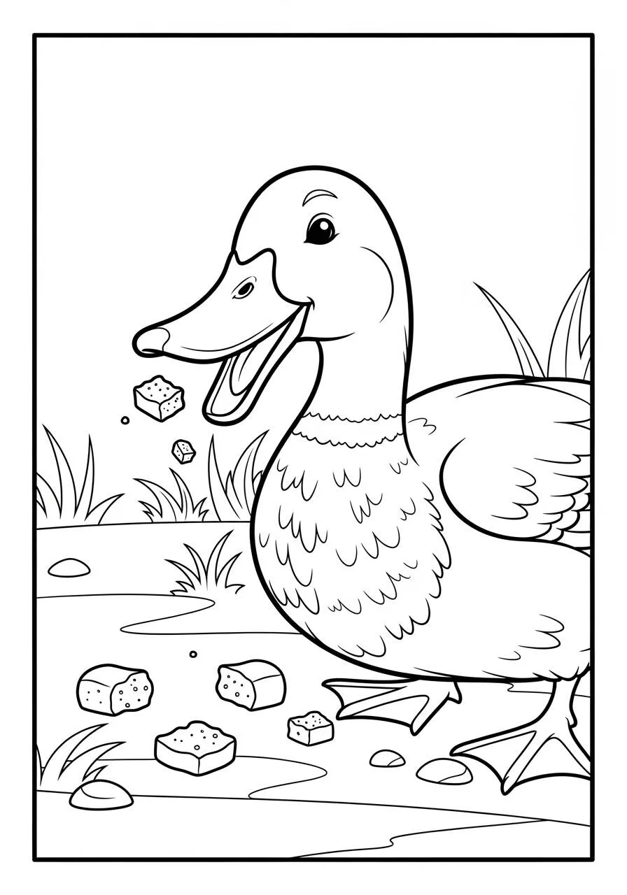 Desenho de Pato Feliz Comendo Pão na Lagoa para Colorir