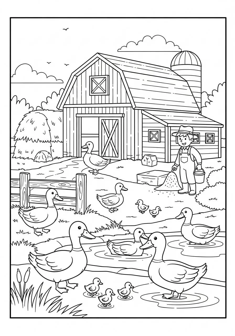Desenho de Pato no Lago com Fazendeiro para Colorir
