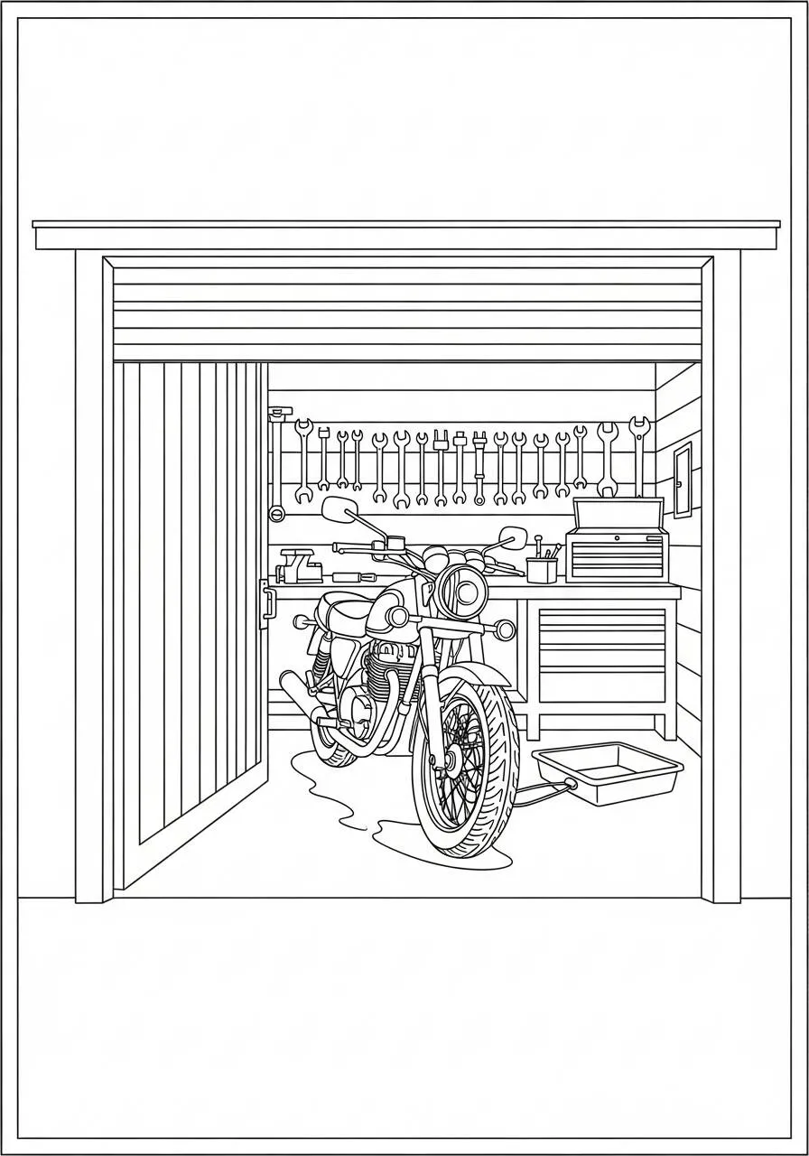 Pagina da colorare di motociclette classiche in officina