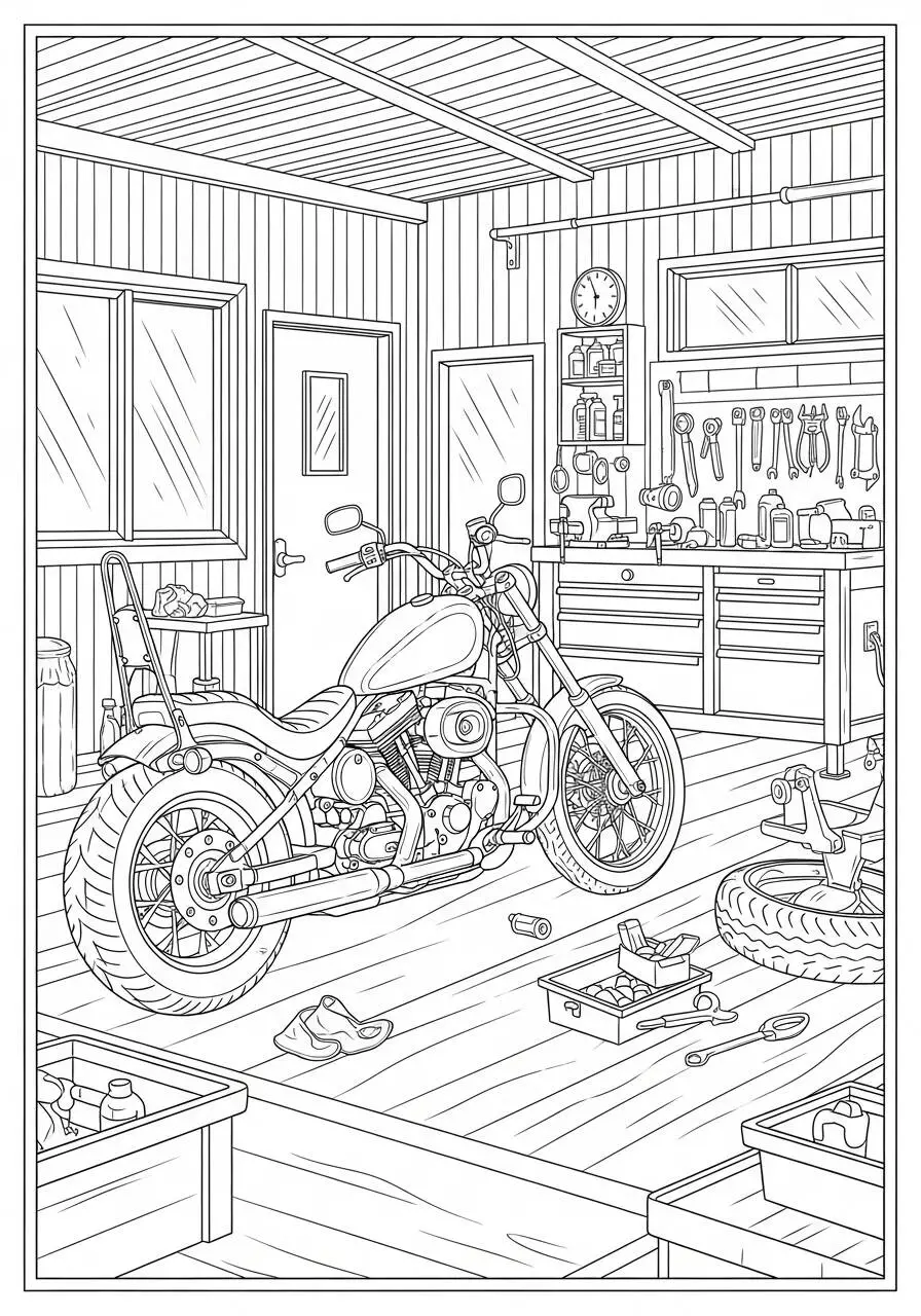 Pagina da colorare di Chopper per motociclette in officina
