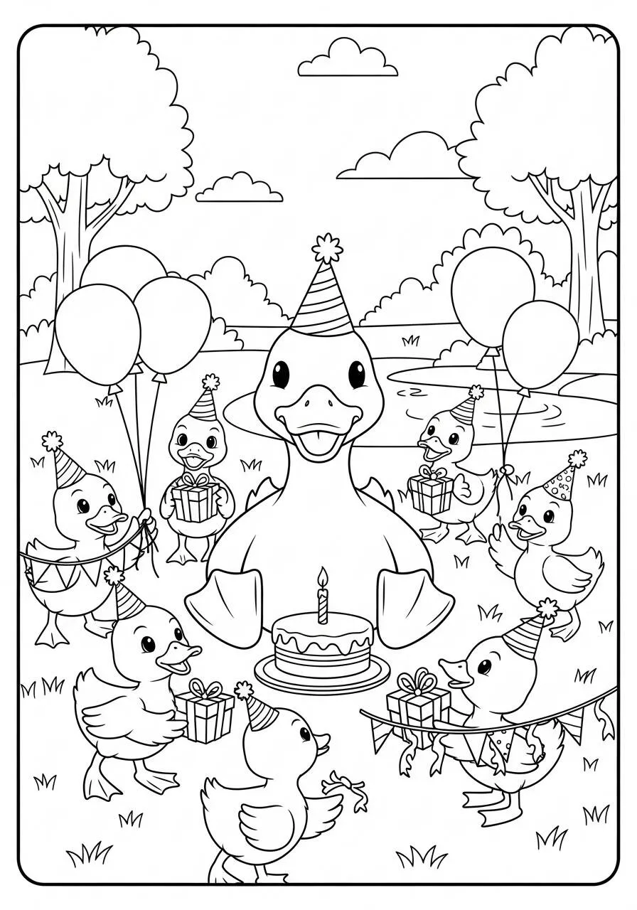 Desenho de Pato Celebrando Aniversário com Patinhos para Colorir