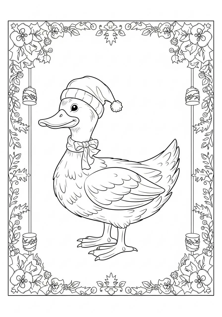 Desenho de Pato com Gorros de Natal para Colorir