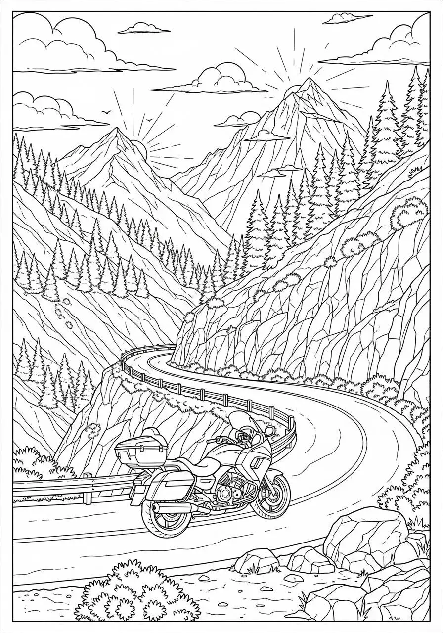 Dibujo para colorear de moto de turismo en una carretera montañosa