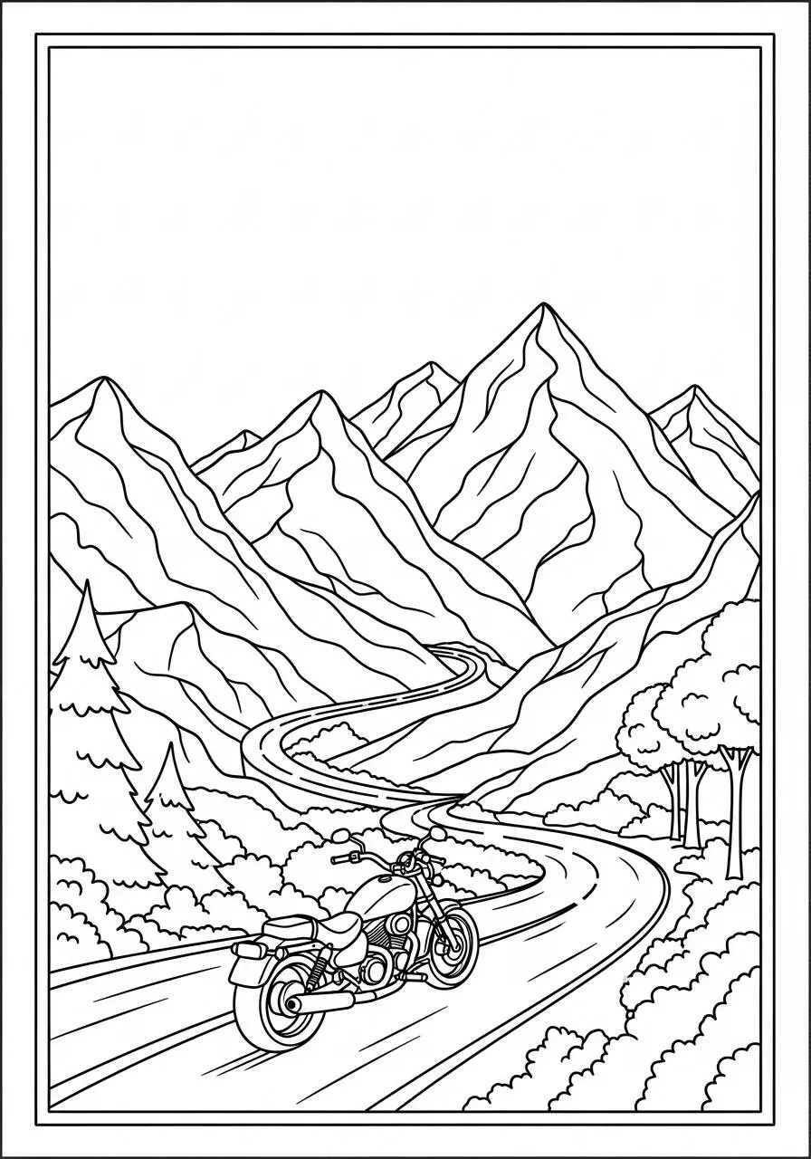 Dibujo para colorear de moto en carretera montañosa