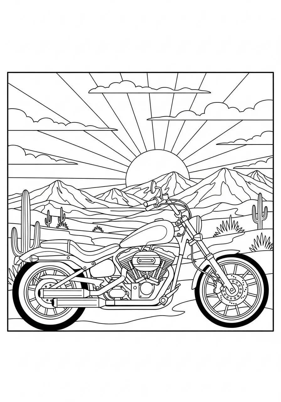 Desenho de Moto Cruiser com Paisagem de Montanhas para Colorir