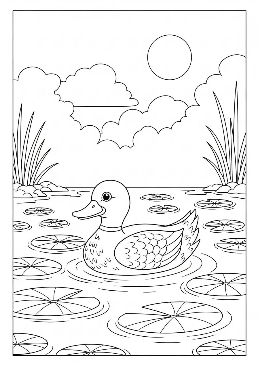 Ausmalbild: Ente schwimmt in einem Teich mit Lilien