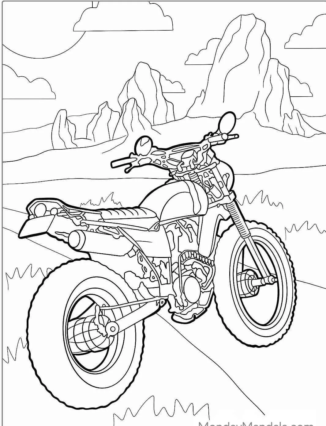 Desenho de Moto Off Road em Paisagem de Montanha para Colorir