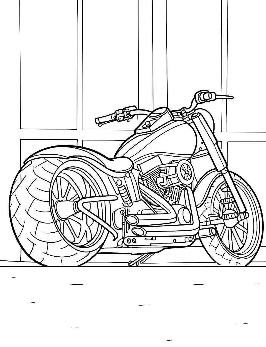 Desenho de Moto Customizada com Pneus Largos para Colorir