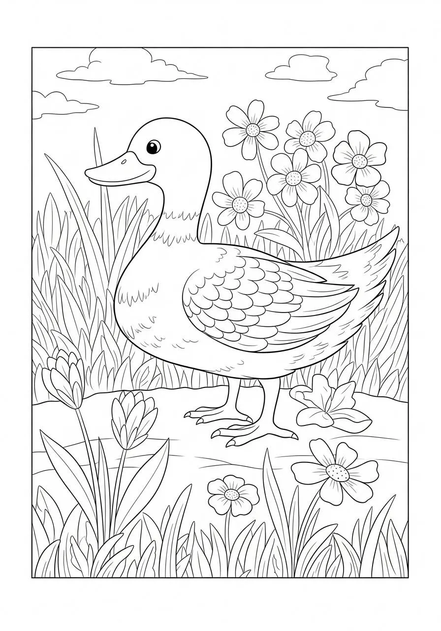 Desenho de Pato em um Campo Florido para Colorir