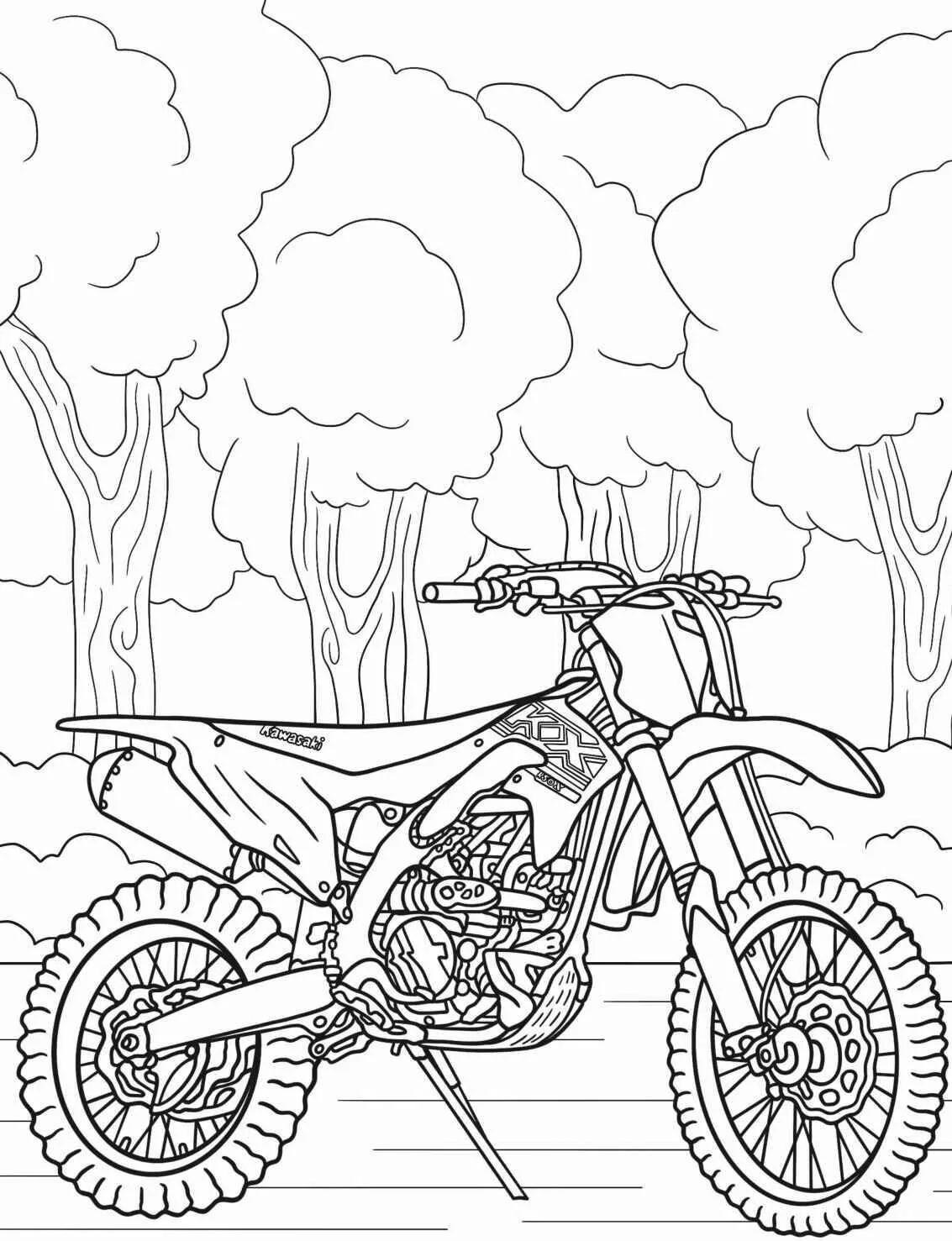 Desenho de Moto de Cross em Meio à Natureza para Colorir