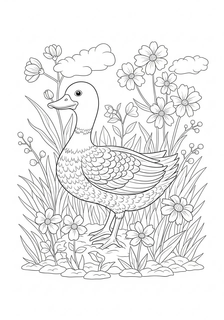 Desenho de Pato em um Jardim Florido para Colorir