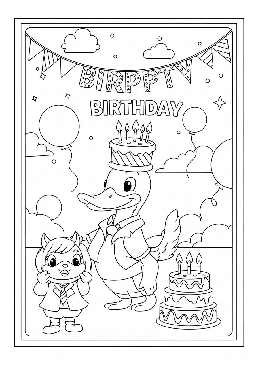 Desenho de Pato Celebrando Aniversário com Bolo para Colorir