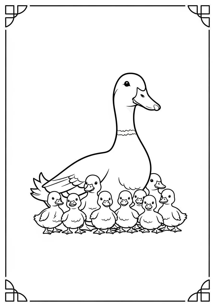 Desenho de Pato com Patinhos Bebês para Colorir