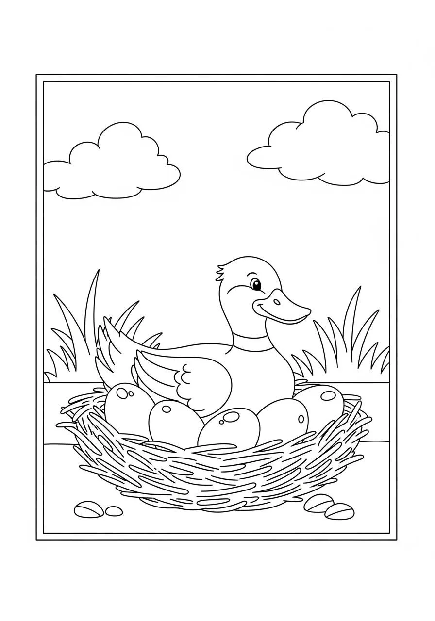 Desenho de Pato Feliz Cuidando de Seus Ovos para Colorir