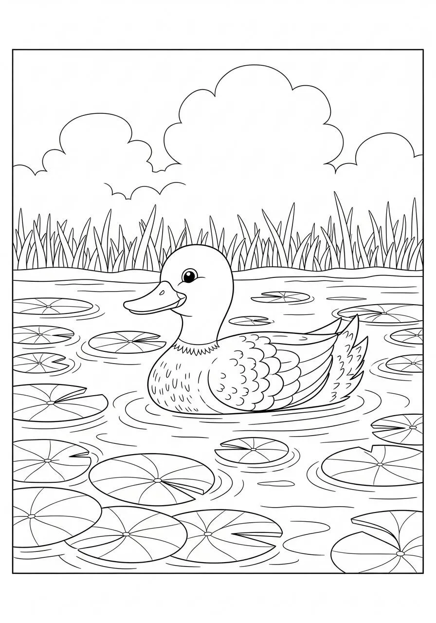 Desenho de Pato Nadar em um Lago com Lírios para Colorir