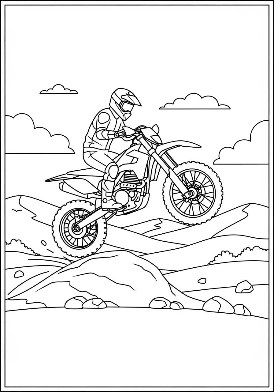 Desenho de Moto de Cross Saltando em Terreno Acidentado para Colorir