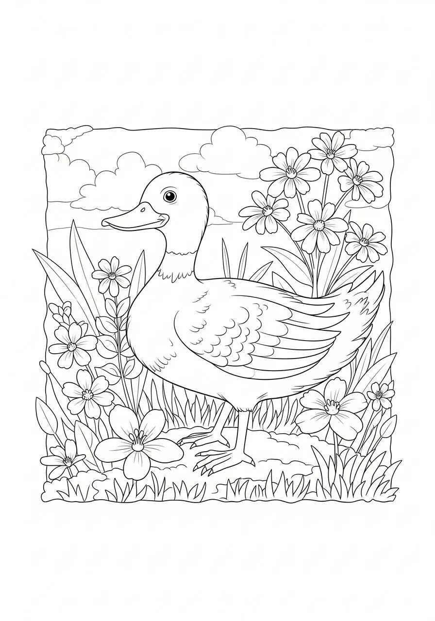 Desenho de Pato em um Campo Florido para Colorir