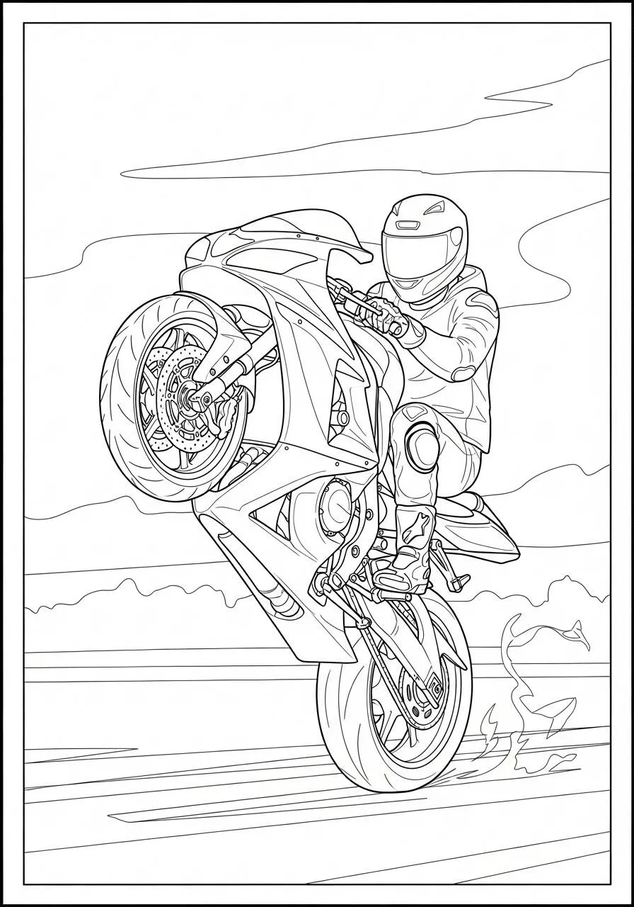 Desenho de Moto Esportiva fazendo Wheely para Colorir
