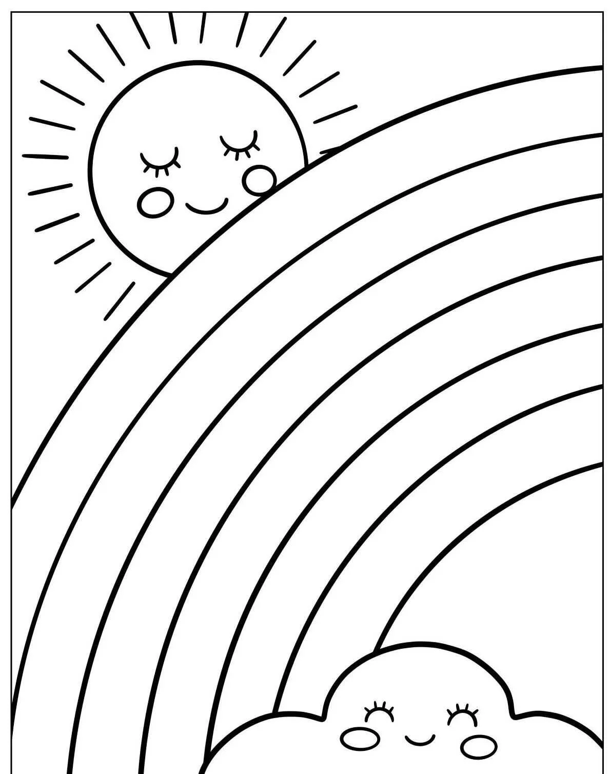 Desenho de Arco Íris com Sol Sorridente e Nuvens Felizes para Colorir