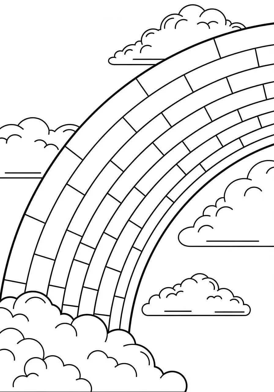 Desenho de Arco Íris com Nuvens Fluffy para Colorir