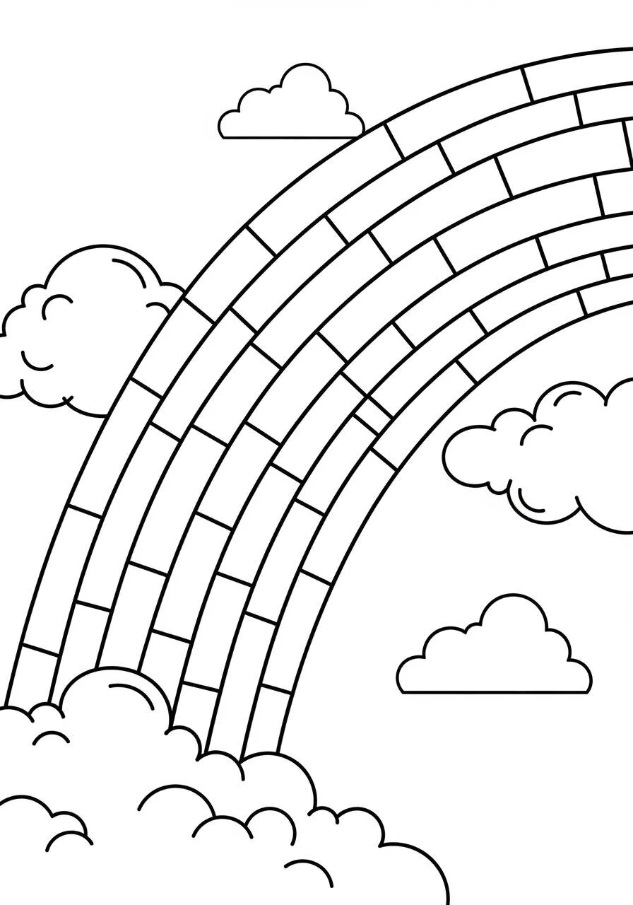 Desenho de Arco Íris com Nuvens Fluffy para Colorir