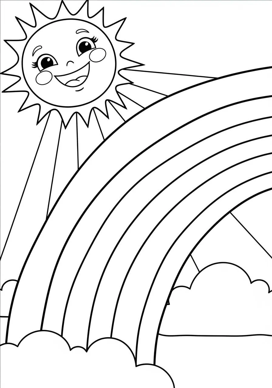 Desenho de Arco Íris com Sol Sorridente para Colorir
