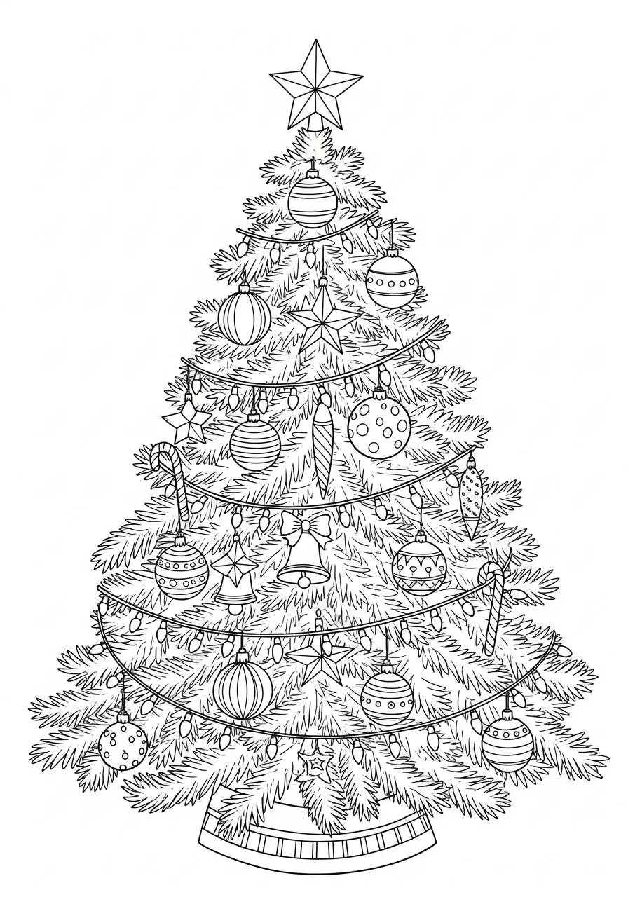 Desenho de Árvore de Natal Decorada com Brilhos para Colorir