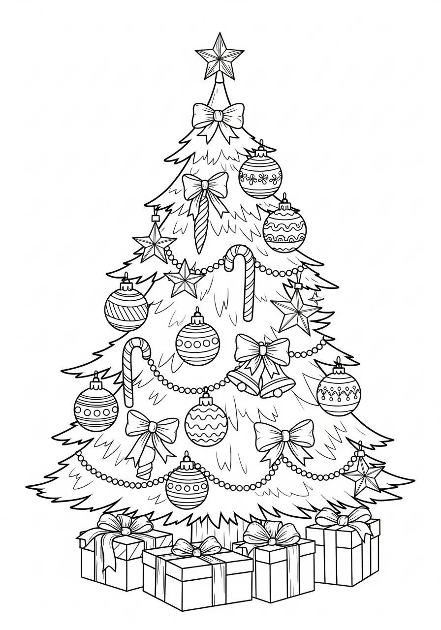 Desenho de Árvore de Natal Decorada com Laços e Presentes para Colorir