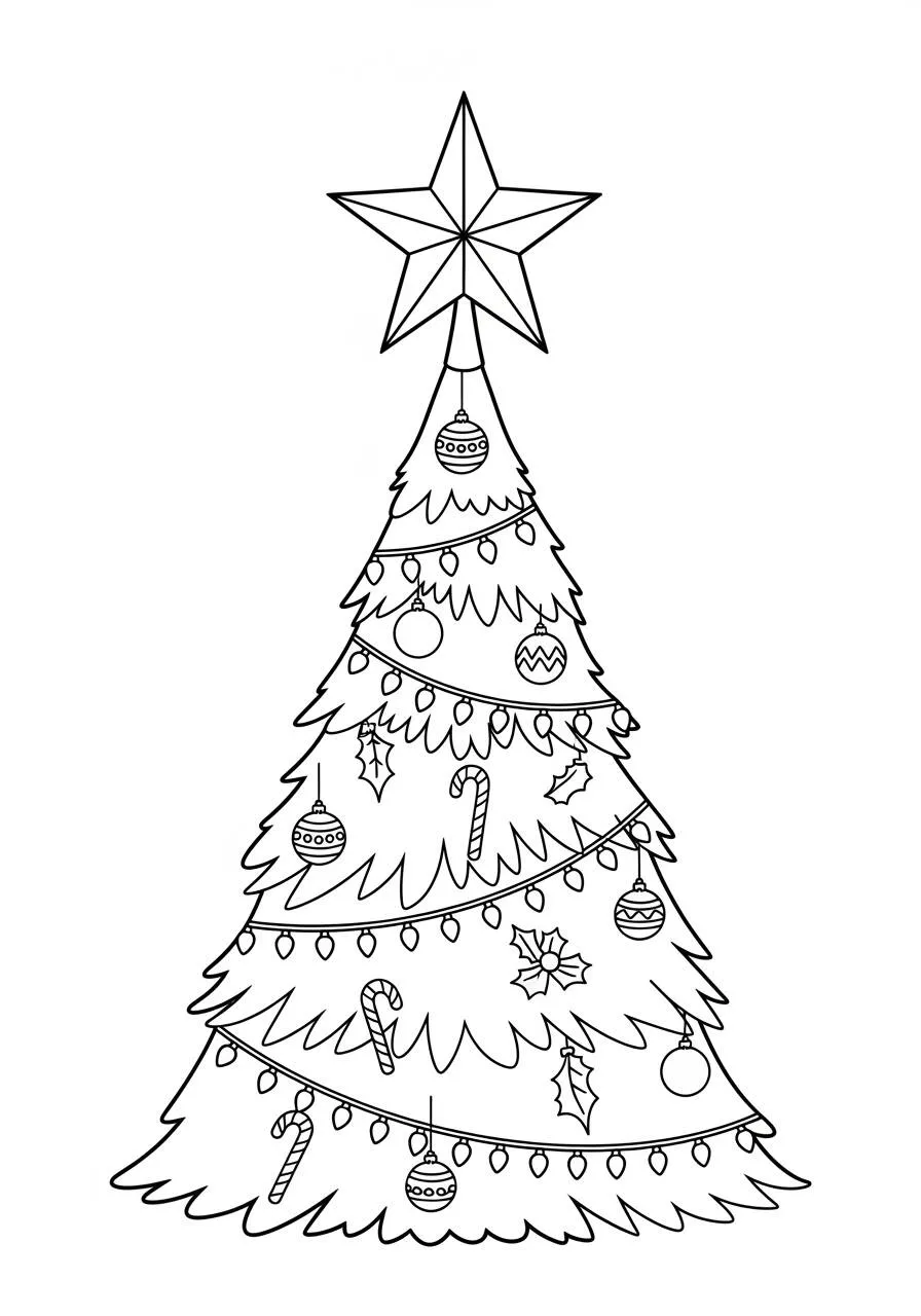 Desenho de Árvore de Natal Decorada com Estrela e Enfeites para Colorir