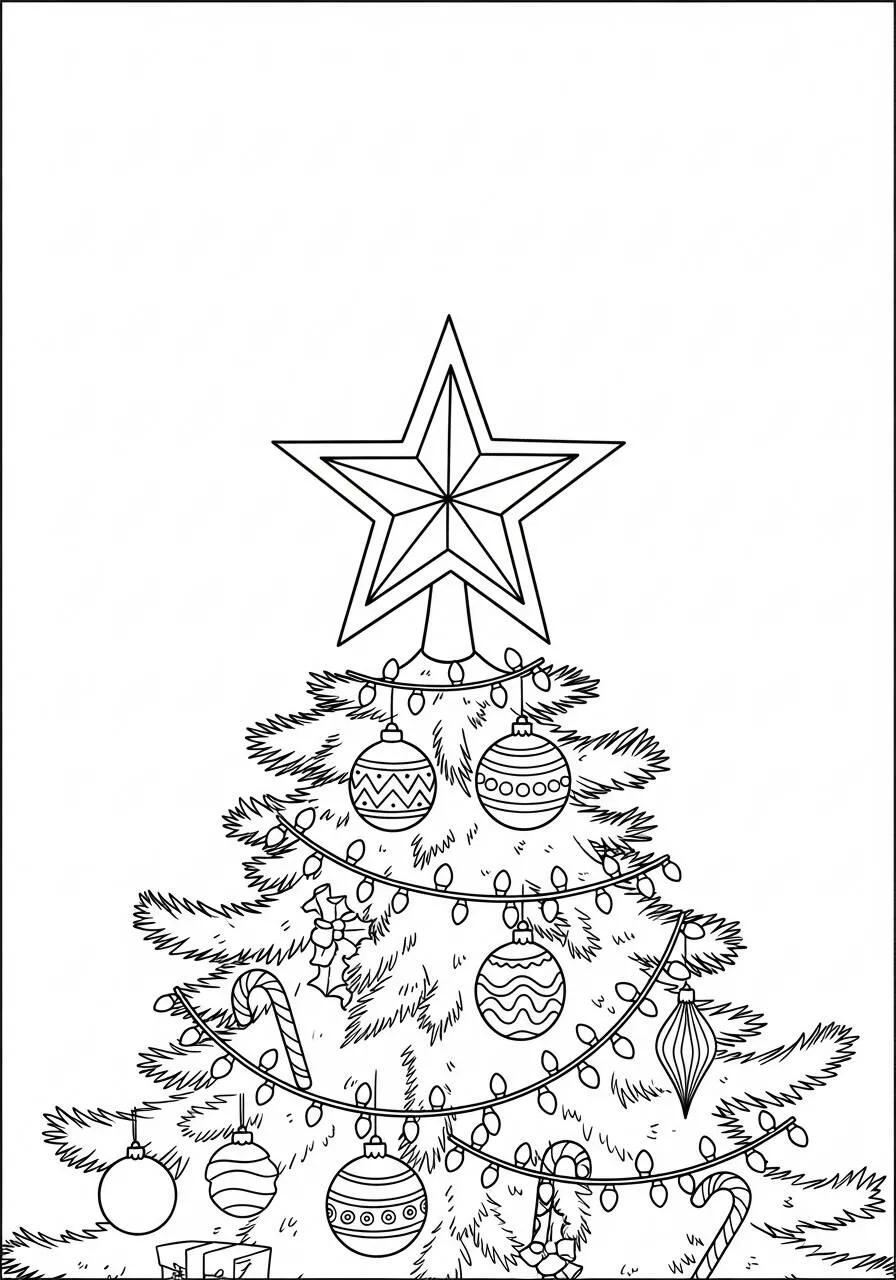 Desenho de Árvore de Natal Decorada com Estrela e Enfeites para Colorir