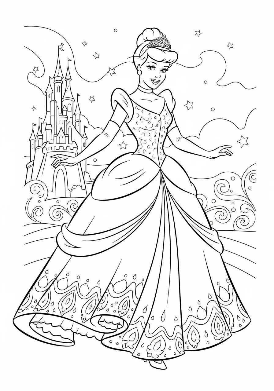 Desenho de Disney da Cinderela em seu Vestido para Colorir