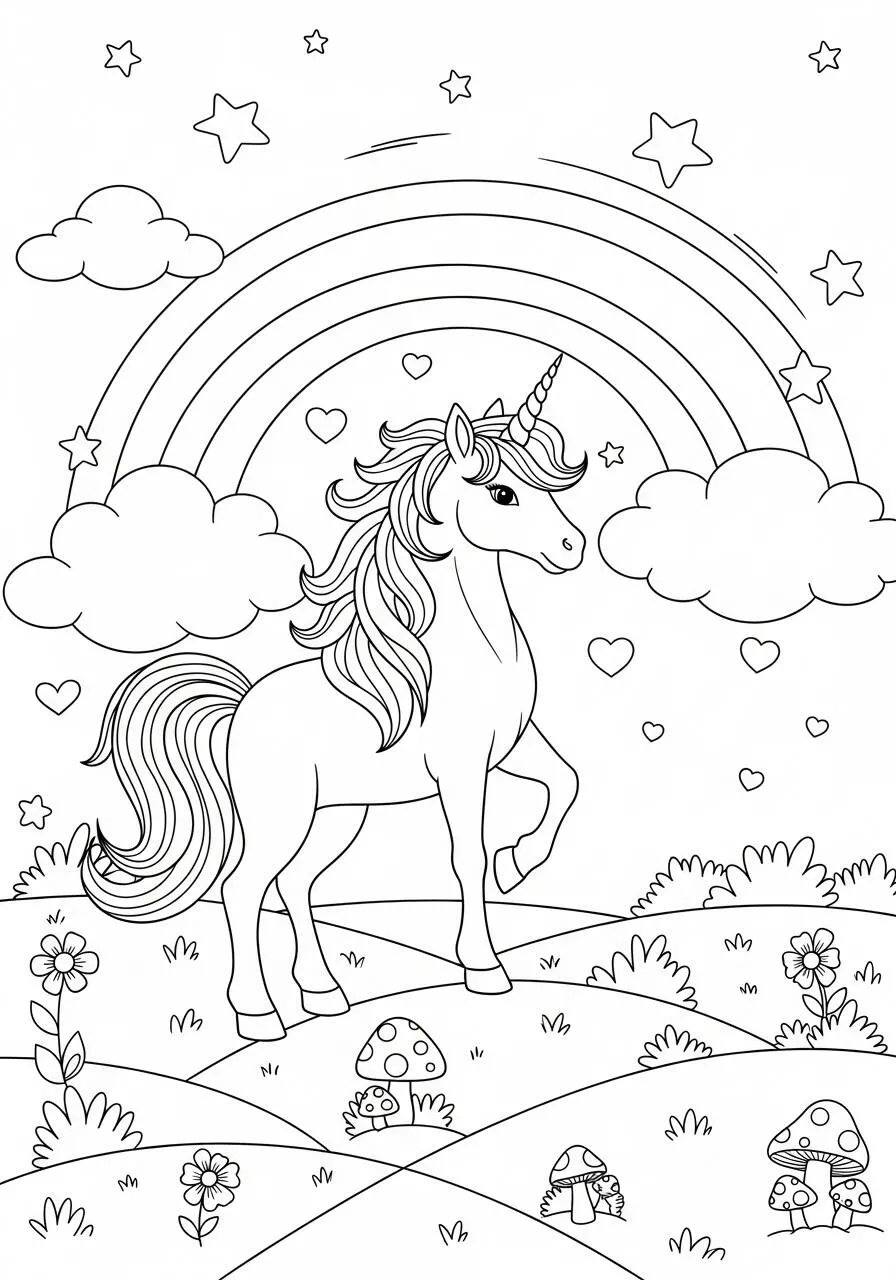 Regenbogen mit Einhorn und Sternen zum Ausmalen