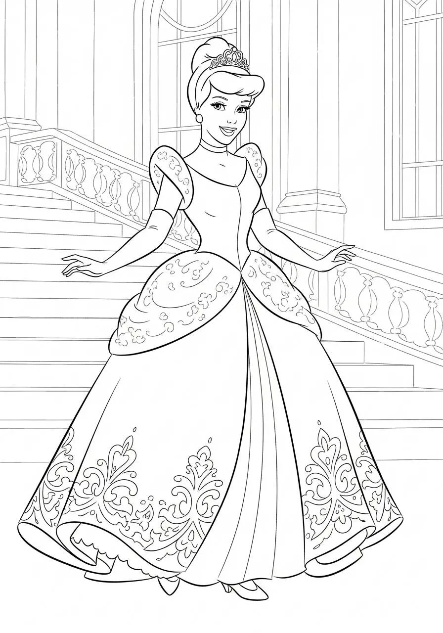 Dibujo de disney para colorear de Cenicienta con su vestido de princesa