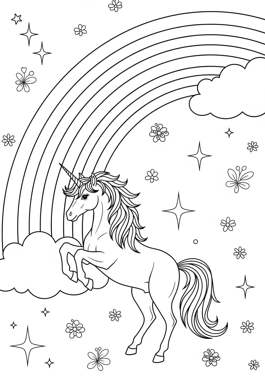 Regenbogen mit Einhorn und Blumen zum Ausmalen