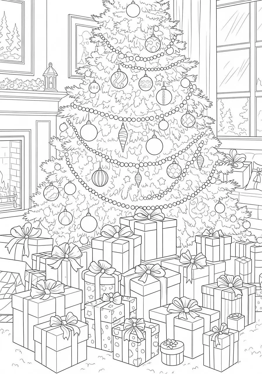Árbol de Navidad con Regalos y Adornos para Colorear
