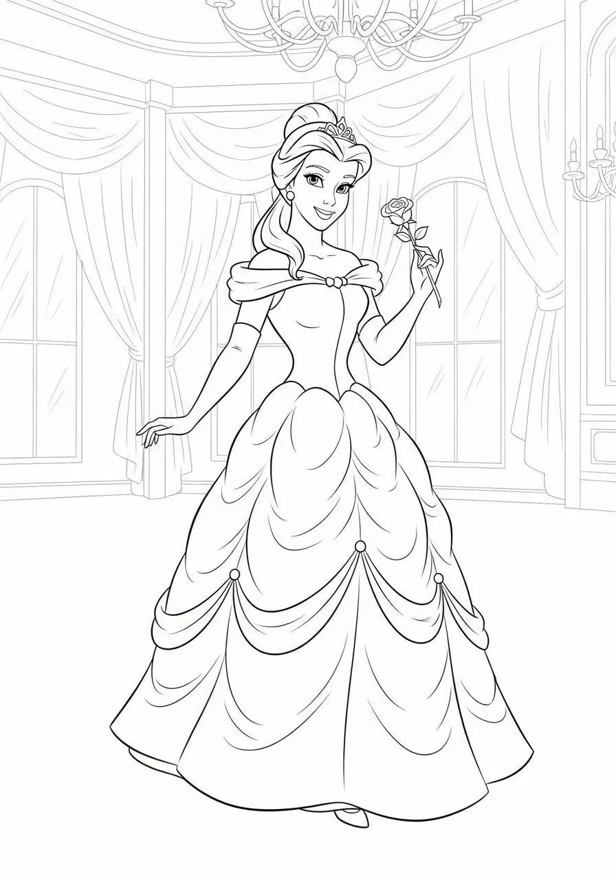 Dibujo para colorear de Bella y rosa de disney