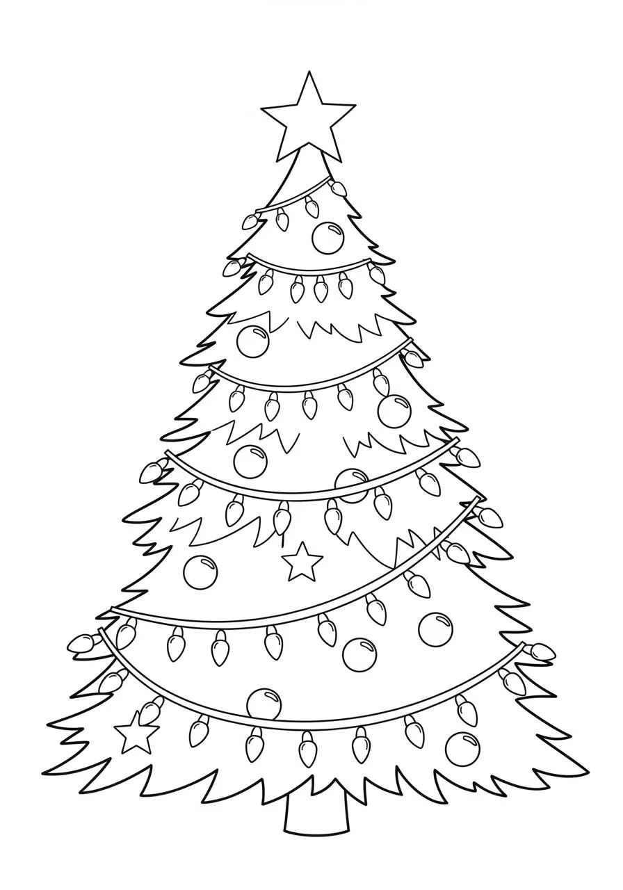 Dibujo de Árbol de Navidad decorado con luces y estrellas para colorear