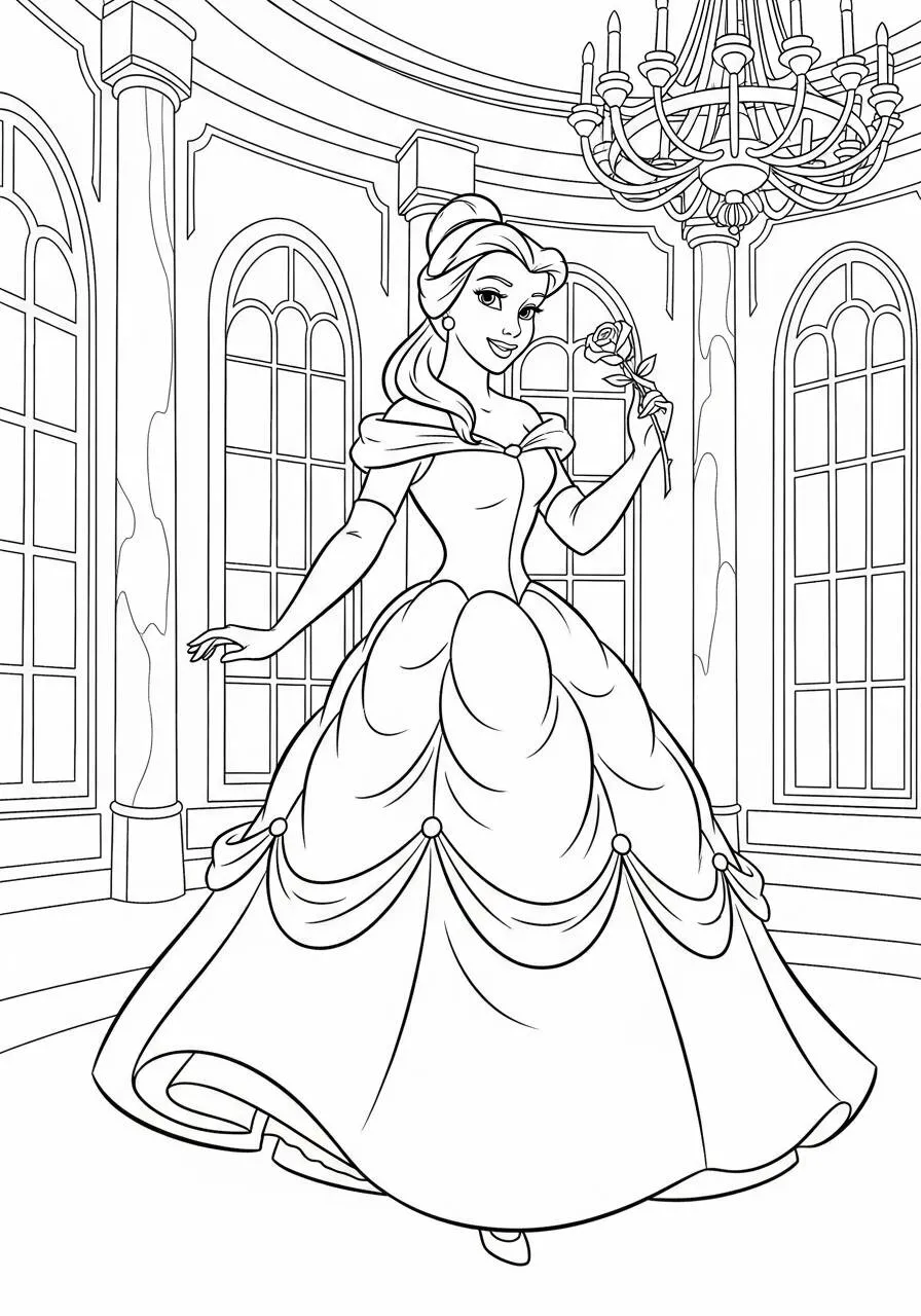 Dibujo para colorear de disney Bella con su vestido
