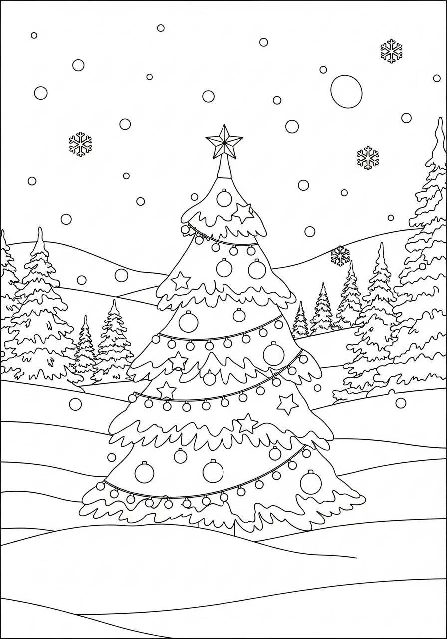 Dibujo de Árbol de Navidad con nieve y copos para colorear