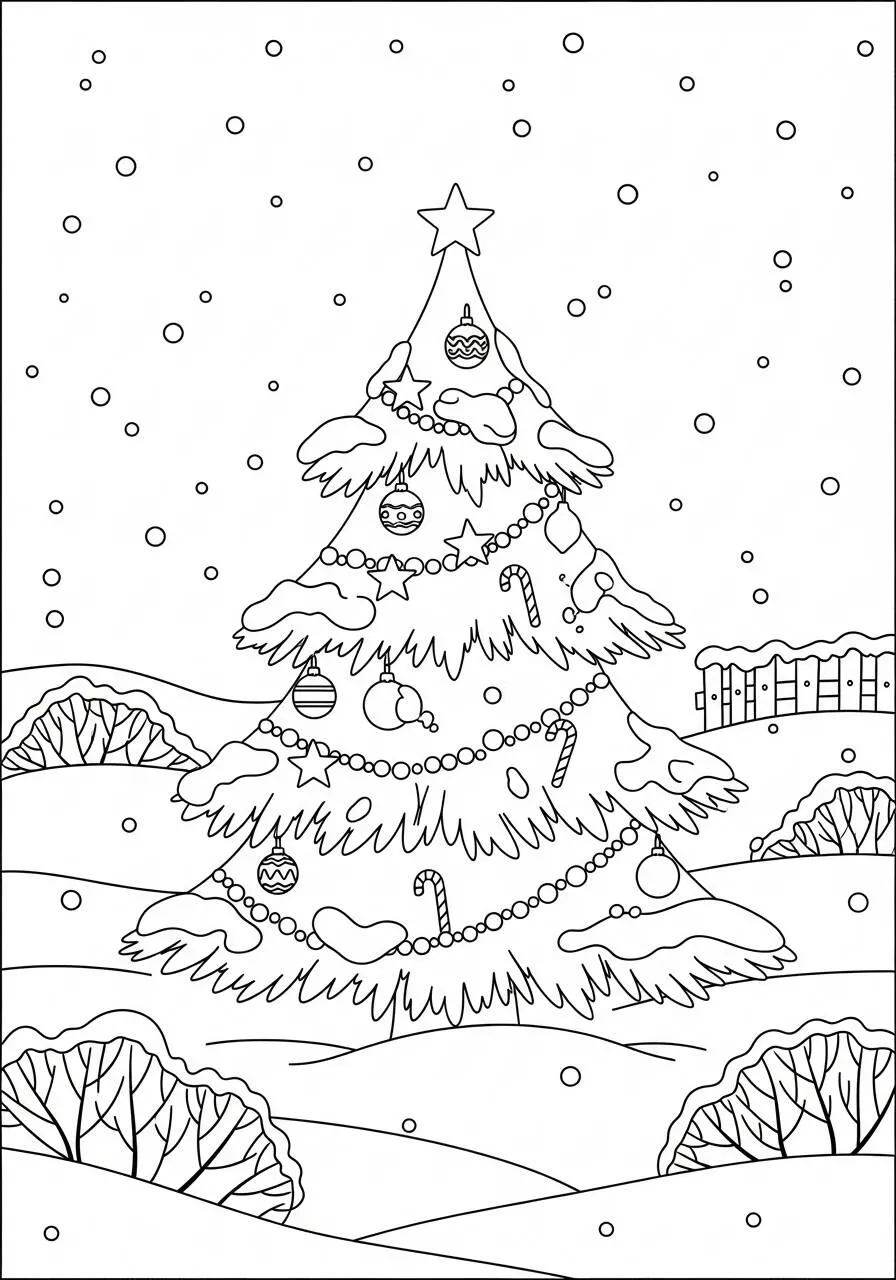 Dibujo de Árbol de Navidad con nieve y adornos para colorear