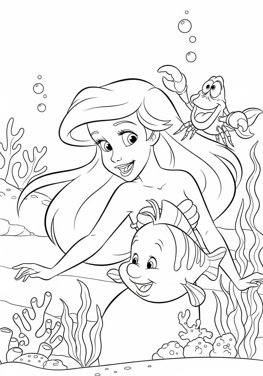Dibujo de disney para colorear de Ariel con Flonder y Sebastian