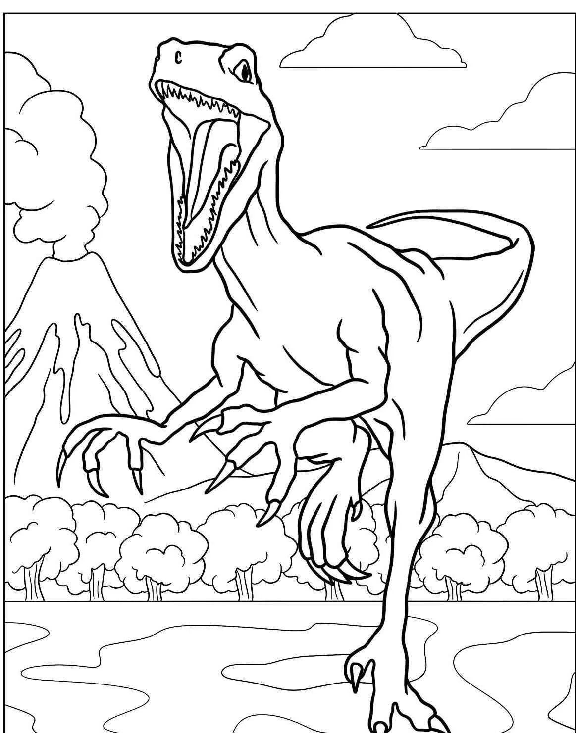Pagina da colorare ruggente del dinosauro Velociraptor