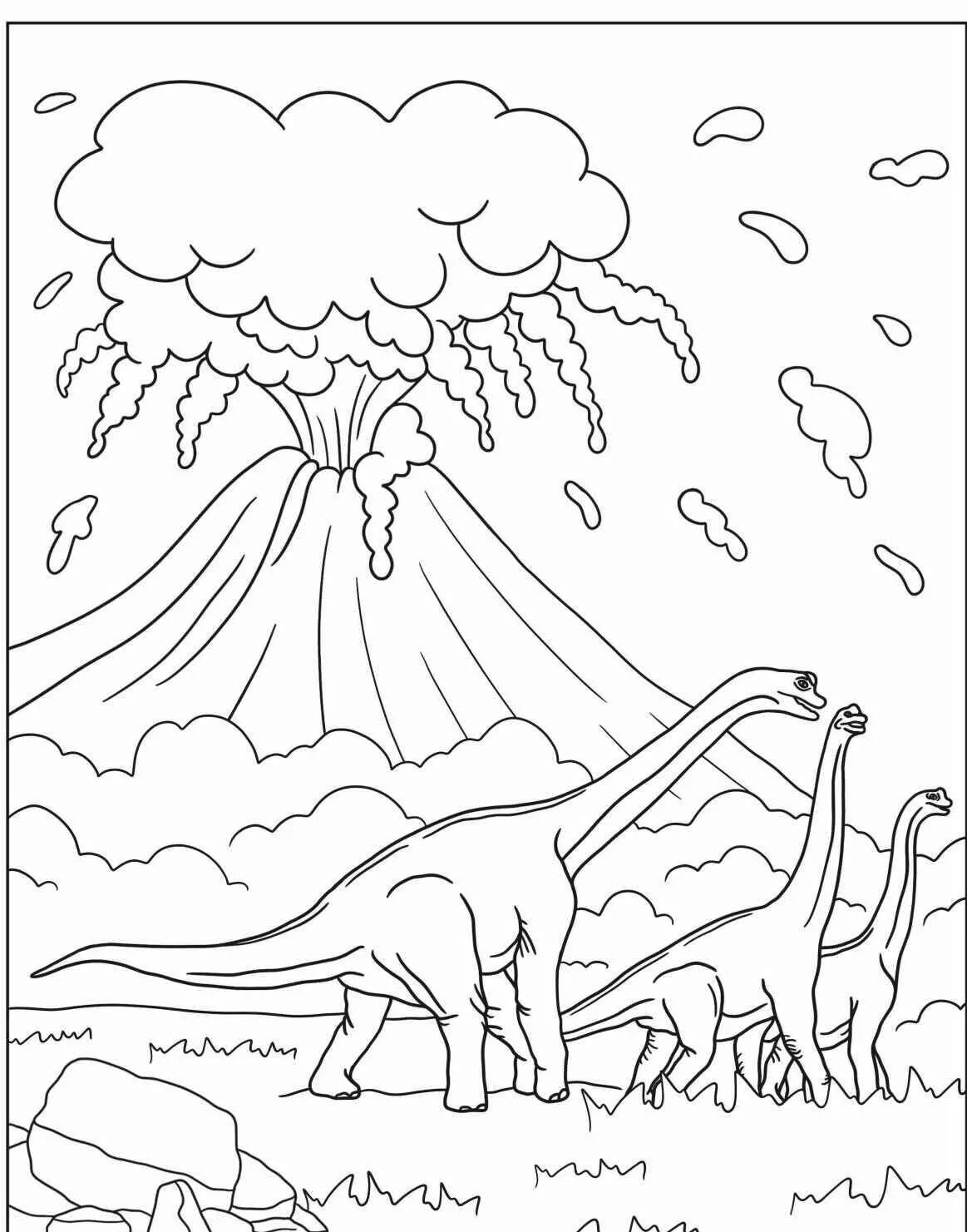 Pagina da colorare di dinosauro e vulcano Brachiosaurus