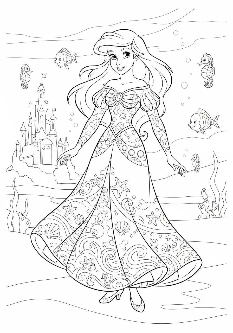 Dibujo para colorear de disney de Ariel en su mundo submarino