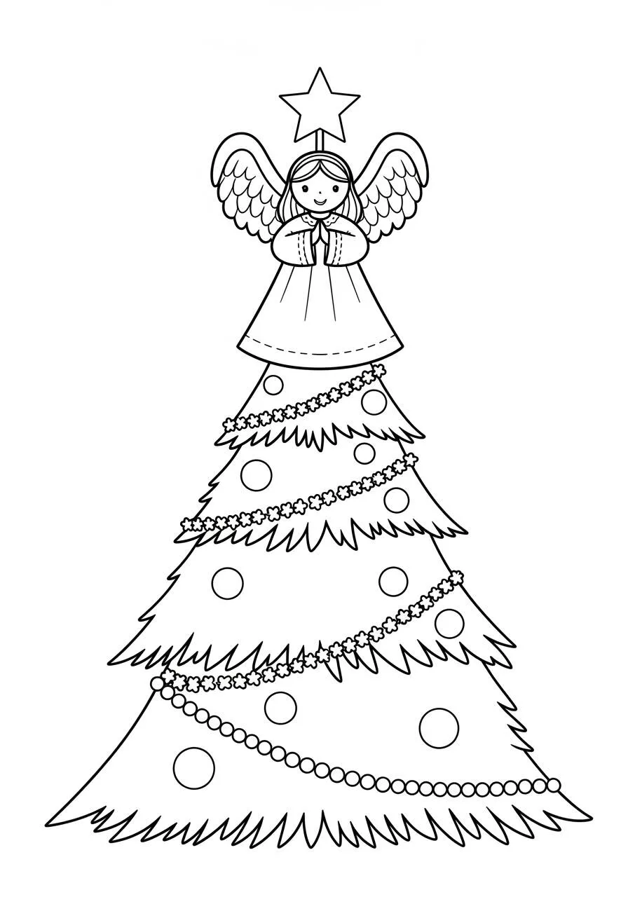 Dibujo para colorear de árbol de Navidad con ángel y estrella