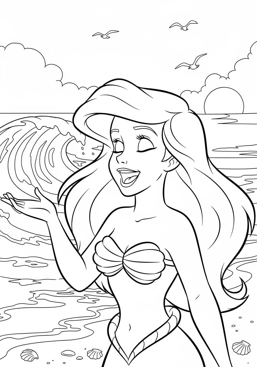 Dibujo para colorear de Ariel de disney en la playa